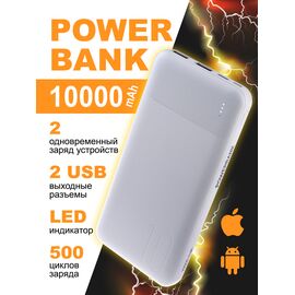  Повербанк Perfeo 10000 mah + In Micro usb+Type-C /Out USB 1 А, 2.1A / Белый 