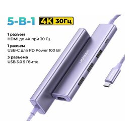  Конвертер UGREEN CM478 (35582) USB-C To HDMI 4K 32Hz+3*USB 3.0 A+PD Power Converter Creamy Purple 