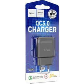  Сетевое зарядное устройство HOCO C72Q/ QC 3.0/ 1 USB/ Выход: 5V_9V_12V, 18W/ Черный, (Арт. HC-32507) 