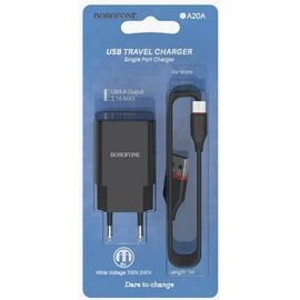  Сетевое зарядное устройство BOROFONE BA20A/ СЗУ + Кабель Micro 1m  в комплекте / 1 USB/ Выход: 10.5W/ Черный, (Арт. B-02135) 