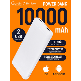  Внешний аккумулятор Gurdini Slim Series GPSS-10W 10000mAh Белый 