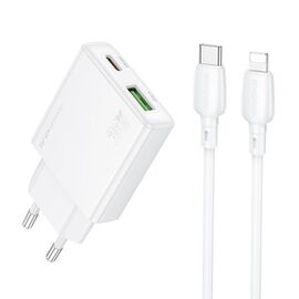  Блок питания сетевой Borofone BN25 Wish 1USB, Type-C 30Вт, PD30W/QC3.0/FCP/AFC, кабель 8pin-Type-C, 1,0м белый 