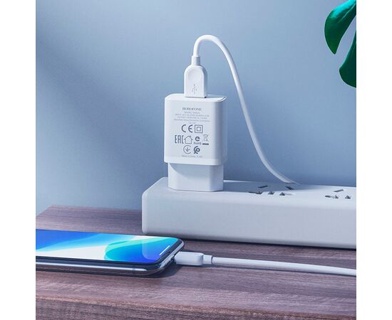  Адаптер Сетевой с кабелем Borofone BA52A Gamble 1USB/5V/2.1A +lightning (white) 