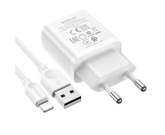 Адаптер Сетевой с кабелем Borofone BA52A Gamble 1USB/5V/2.1A +lightning (white) 