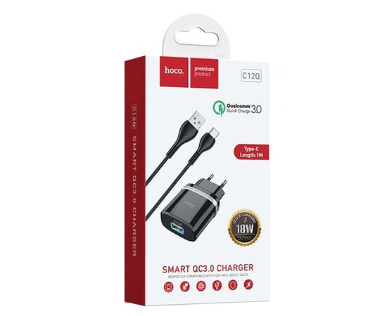  Адаптер Сетевой с кабелем Hoco C12Q 1USB/5V/3A QC3.0+Type-C (black) 