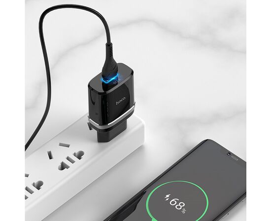  Адаптер Сетевой с кабелем Hoco C12Q 1USB/5V/3A QC3.0+Type-C (black) 