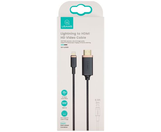  Кабель USAMS US-SJ509 U70 HDMI - Lightning, версия 1.4, 2м, нейлоновая оплетка, черный (SJ509HD01) 