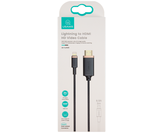  Кабель USAMS US-SJ509 U70 HDMI - Lightning, версия 1.4, 2м, нейлоновая оплетка, черный (SJ509HD01) 