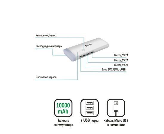 Power Bank на 10000 3 USB, 2A., Белый 