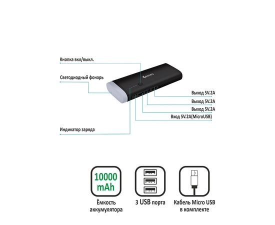  Power Bank на 10000 3 USB, 2A., Черный 