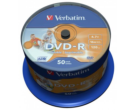  Диск DVD-R Verbatim 4,7Gb 16x Cake Box InkJet Printable (50шт) 43533 