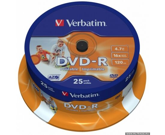  Диск DVD-R Verbatim 4,7Gb 16x Cake Box Printable (25шт) 43538 