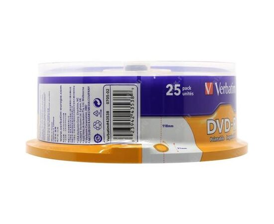  Диск DVD-R Verbatim 4,7Gb 16x Cake Box Printable (25шт) 43538 
