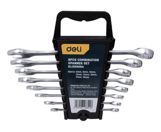  Набор ключей комбинированных Deli DL130008A 8 шт 6,8,10,12,14,15,17,19мм, матовая хромированная поверхность, пластиковый кейс 