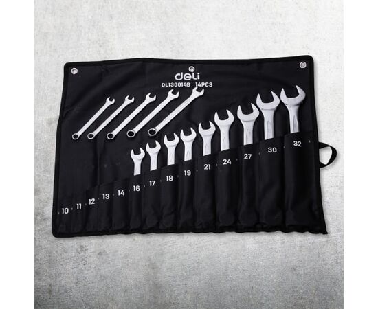  Набор ключей комбинированных Deli DL130014B 14 шт 10,11,12,13,14,16,17,18,19,21,24,27,30,32мм, матовая хромированная поверхность, чехол 