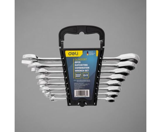  Набор ключей комбинированных Deli DL140108T с трещоткой 8 шт 8,10,12,13,14,15,17,19мм, сталь 40Cr, трещотка 50BV30 72 зуба, пластиковый кейс 