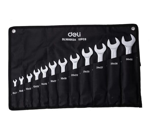  Набор ключей рожковых Deli DL160012 двусторонних 12 шт 6x7, 8x9, 10x11, 12x13, 14x15, 16x17, 18x19, 20x22, 21x23, 24x27, 25x28, 30x32 