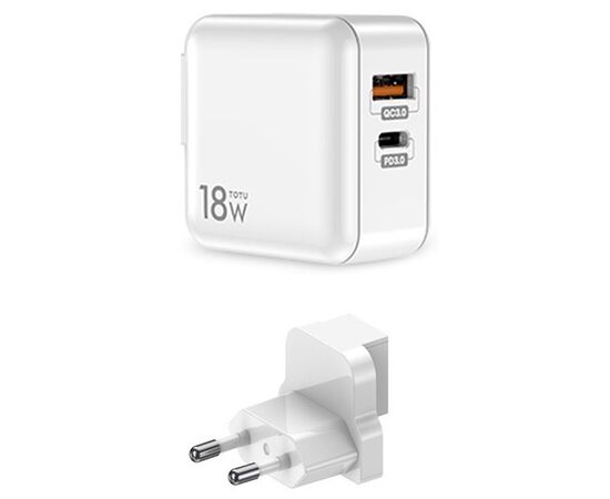  Сетевое зарядное устройство TOTU HTY-0902000 1xUSB + 1xUSB-C, 0.8A, 18W, белый 