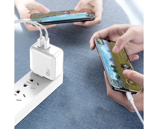  Сетевое зарядное устройство TOTU HTY-0902000 1xUSB + 1xUSB-C, 0.8A, 18W, белый 