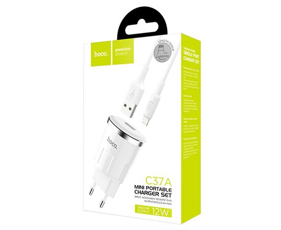  Сетевое зарядное устройство HOCO C37A Thunder 1xUSB с Кабелем USB - Lightning, 2.4A, 10.8W, белый 