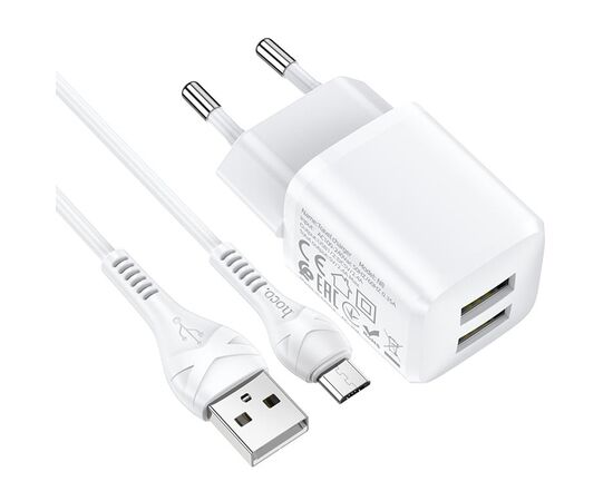  Сетевое зарядное устройство HOCO N8 Briar 2xUSB с Кабелем USB - Micro, 2.4A, 10.8W, белый 