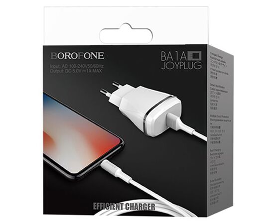  Сетевое зарядное устройство BOROFONE BA1A Joyplug 1xUSB с Кабелем USB - Lightning, 1A, белый 