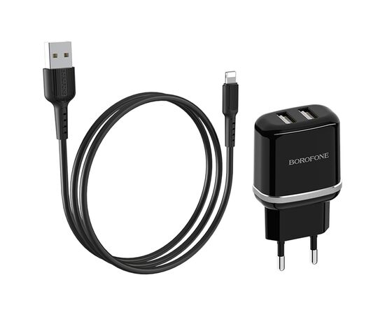 Сетевое зарядное устройство BOROFONE BA25A Outstanding 2xUSB с Кабелем USB - Lightning, 2.4A, черный 