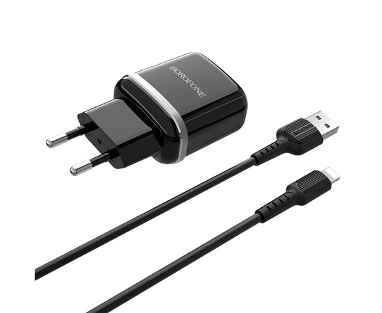  Сетевое зарядное устройство BOROFONE BA25A Outstanding 2xUSB с Кабелем USB - Lightning, 2.4A, черный 