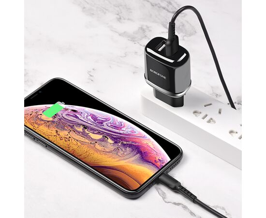  Сетевое зарядное устройство BOROFONE BA25A Outstanding 2xUSB с Кабелем USB - Lightning, 2.4A, черный 