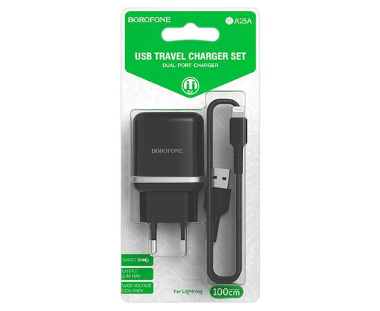  Сетевое зарядное устройство BOROFONE BA25A Outstanding 2xUSB с Кабелем USB - Lightning, 2.4A, черный 
