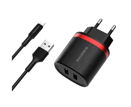  Сетевое зарядное устройство BOROFONE BA7A FlashPlug 2xUSB с Кабелем USB - Lightning, 2.4A, 10.8W, черный 