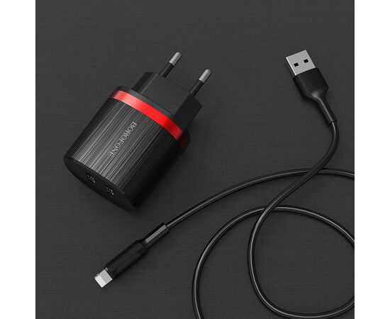  Сетевое зарядное устройство BOROFONE BA7A FlashPlug 2xUSB с Кабелем USB - Lightning, 2.4A, 10.8W, черный 