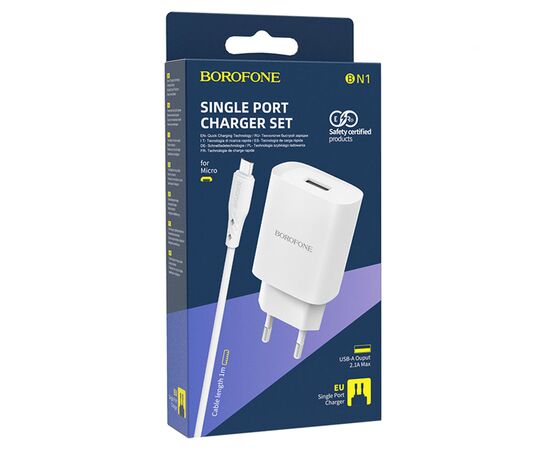  Сетевое зарядное устройство BOROFONE BN1 Innovative 1xUSB с Кабелем USB - Micro, 2.1A, белый 
