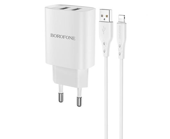  Сетевое зарядное устройство BOROFONE BN2 super fast 2xUSB с Кабелем USB - Lightning, 2.1A, белый 