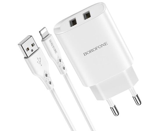  Сетевое зарядное устройство BOROFONE BN2 super fast 2xUSB с Кабелем USB - Lightning, 2.1A, белый 