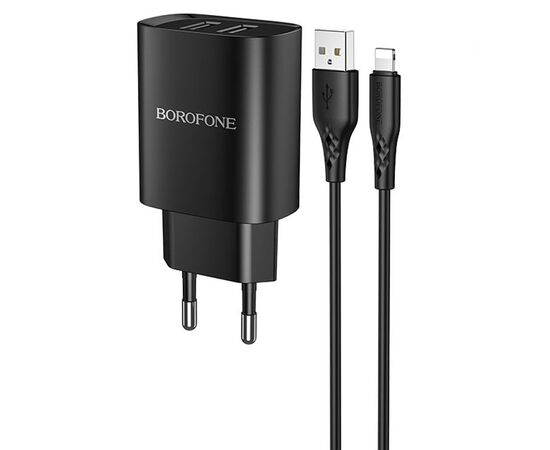  Сетевое зарядное устройство BOROFONE BN2 super fast 2xUSB с Кабелем USB - Lightning, 2.1A, черный 