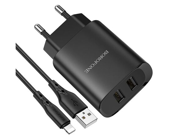  Сетевое зарядное устройство BOROFONE BN2 super fast 2xUSB с Кабелем USB - Lightning, 2.1A, черный 