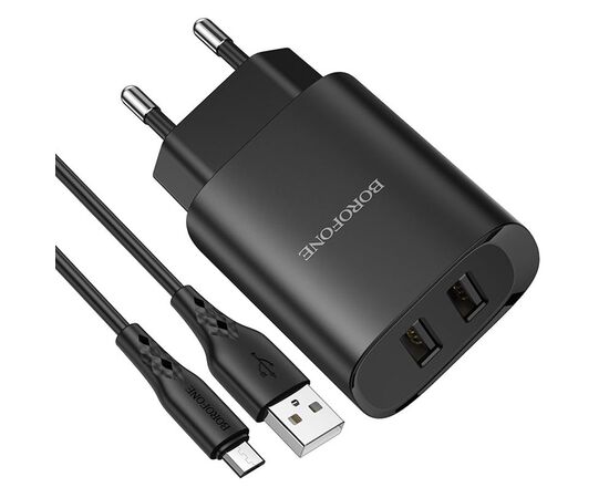  Сетевое зарядное устройство BOROFONE BN2 super fast 2xUSB с Кабелем USB - Micro, 2.1A, черный 