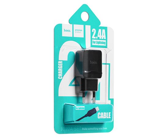  Сетевое зарядное устройство HOCO C22A Little 1xUSB с Кабелем USB - Lightning, 2.4A, 10.8W, черный 