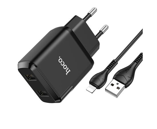  Сетевое зарядное устройство HOCO N7 Speedy 2xUSB с Кабелем USB - Lightning, 2.1A, 10W, черный 