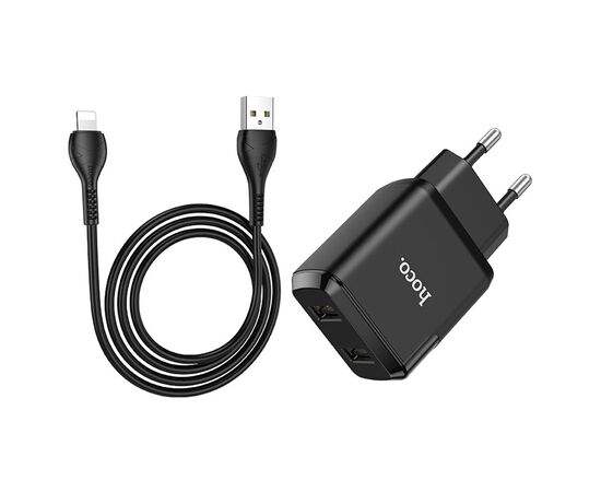  Сетевое зарядное устройство HOCO N7 Speedy 2xUSB с Кабелем USB - Lightning, 2.1A, 10W, черный 