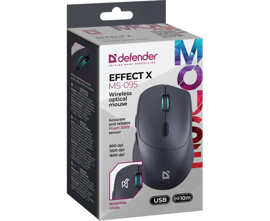  Мышь беспроводная оптическая DEFENDER Effect X MS-095 черный,6D,800-1600dpi,бесшумн 