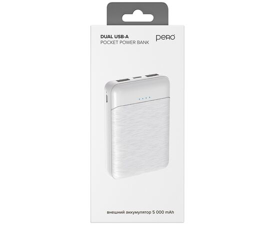  Внешний аккумулятор PERO PB01 5000 mAh, Li-Pol, output 2xUSB-A 2.1A, белый 