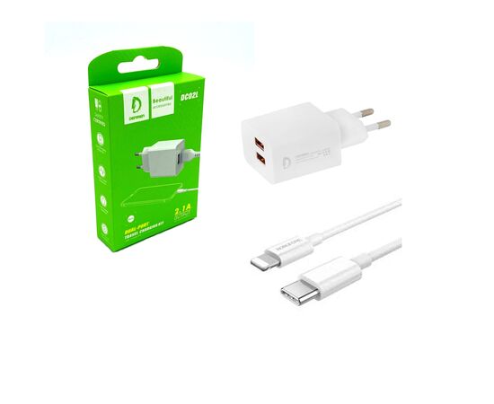  СЗУ 2в1 Denmen DC02L, Apple 8 pin, 2.4А, 2 USB, 5V, 1.0 м, белый, фирменная упаковка 