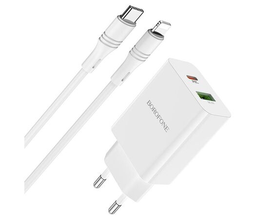  Сетевое зарядное устройство BOROFONE BA56A Lavida 1xUSB + 1xUSB-C с Кабелем Type-C - Lightning, 3.0A, 18W, белый 