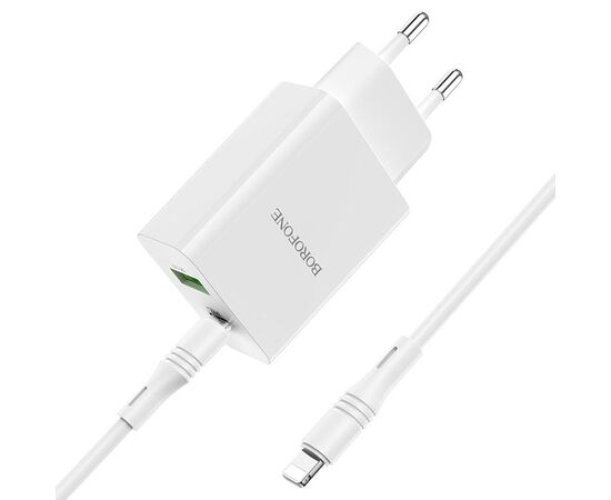  Сетевое зарядное устройство BOROFONE BA56A Lavida 1xUSB + 1xUSB-C с Кабелем Type-C - Lightning, 3.0A, 18W, белый 