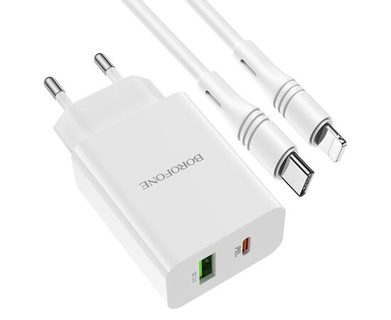  Сетевое зарядное устройство BOROFONE BA56A Lavida 1xUSB + 1xUSB-C с Кабелем Type-C - Lightning, 3.0A, 18W, белый 