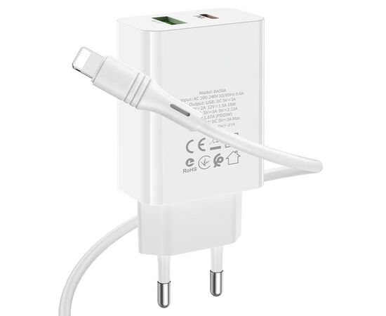  Сетевое зарядное устройство BOROFONE BA56A Lavida 1xUSB + 1xUSB-C с Кабелем Type-C - Lightning, 3.0A, 18W, белый 