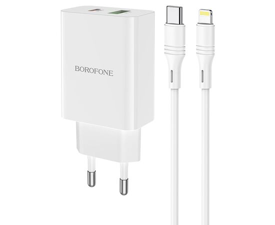  Сетевое зарядное устройство BOROFONE BA56A Lavida 1xUSB + 1xUSB-C с Кабелем Type-C - Lightning, 3.0A, 18W, белый 