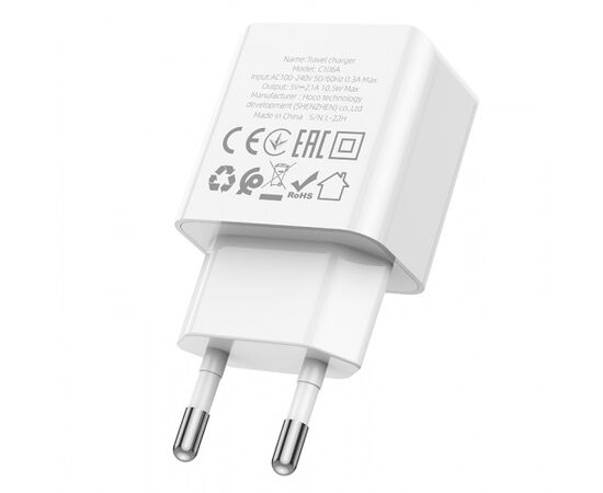  СЗУ HOCO C106A Leisure, 1USB + Type-C (EU) (белый) 